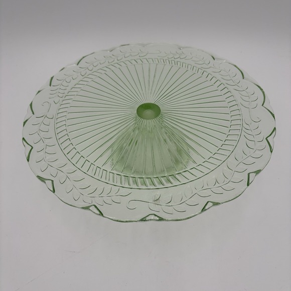Green Glass Cake Stand Art Deco Depression Era Serving Plate 12" - Picture 4 of 8